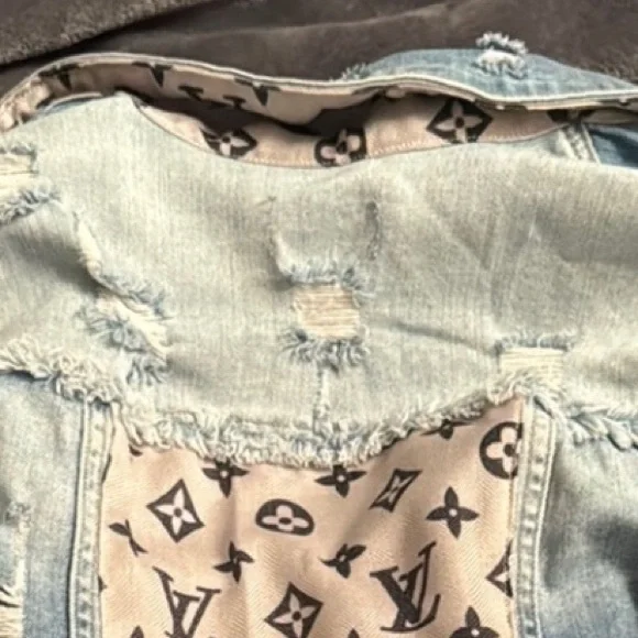 NWT heavily distressed denim jacket w/ Louis Vuitton tan and black scarf print. - Picture 7 of 10